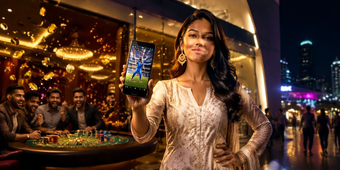 Delhi cityscape with cricket betting and gaming overlay
