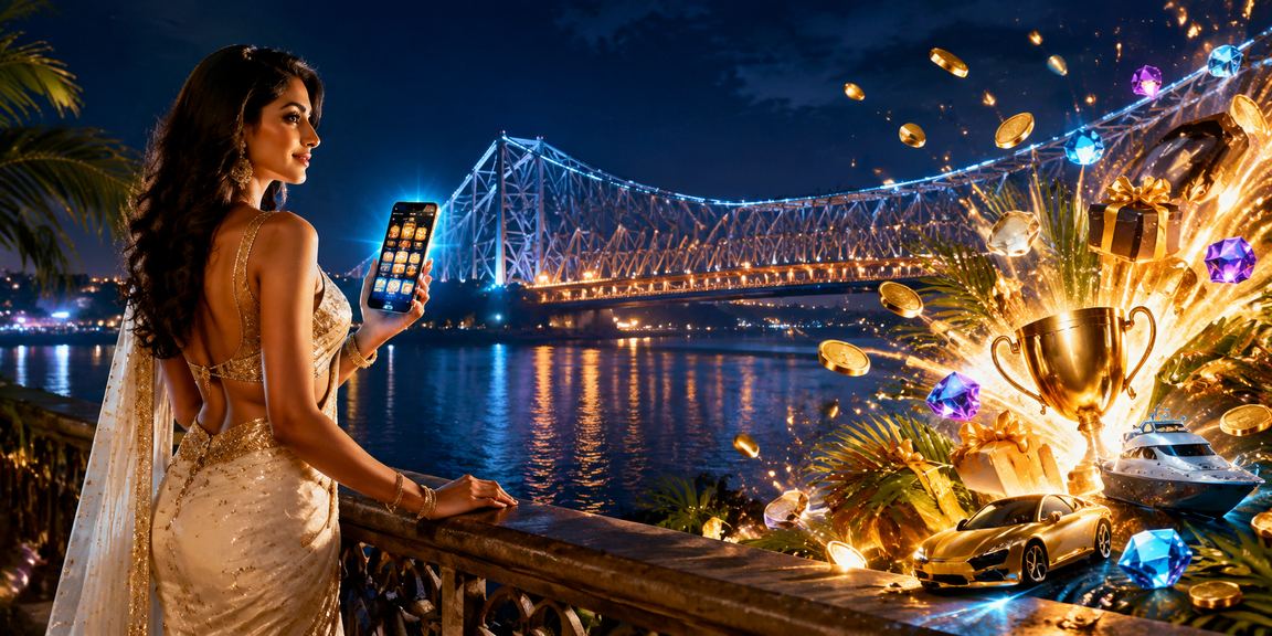 Evening view of Howrah Bridge with casino app overlay